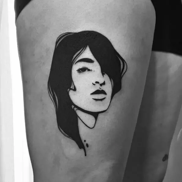 Black and White Lady Face Thigh Tattoo