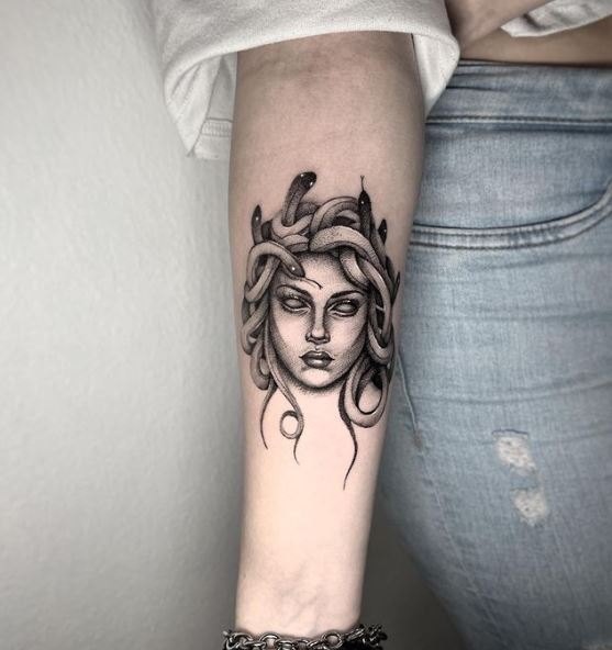 Black and White Medusa Head Forearm Tattoo