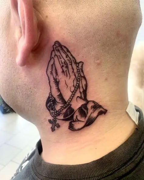 Black and White Praying Hands with Rosary Neck Tattoo