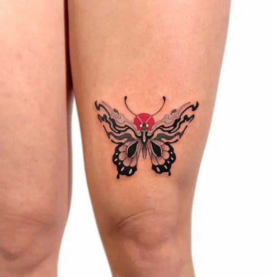 Black, Grey and Red Butterfly Thigh Tattoo