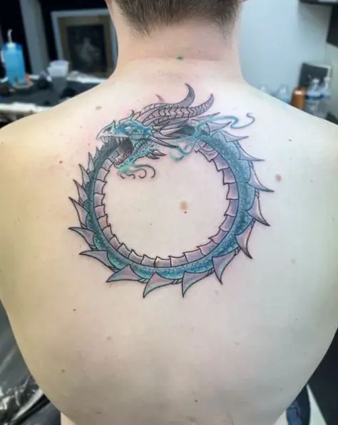 Blue Dragon Ouroboros Back Tattoo