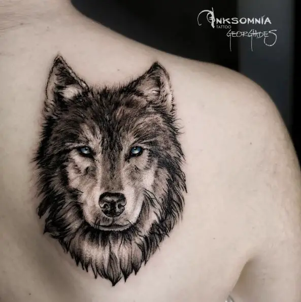 Blue Eyed Wolf Head Tattoo