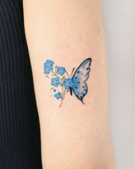 Blue Forget Me Not and Butterfly Tattoo