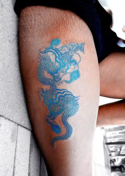 Blue Gradation Dragon Thigh Tattoo