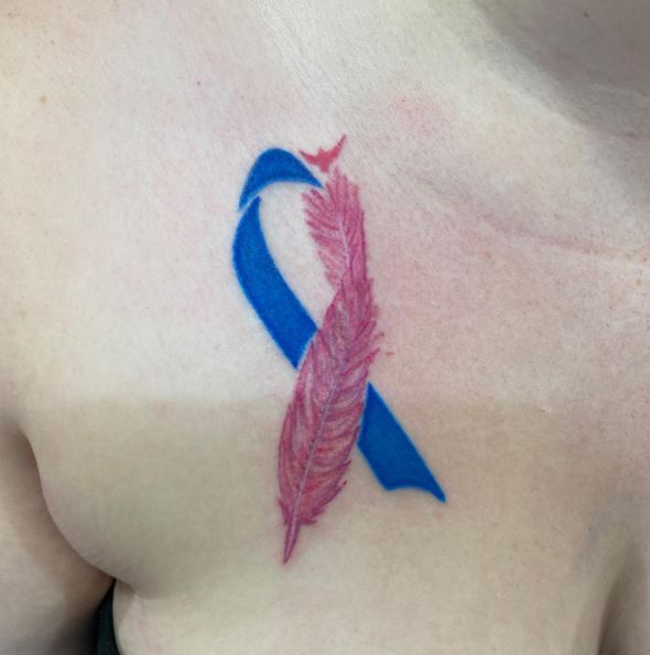 Blue Ribbon and Feather Tattoo