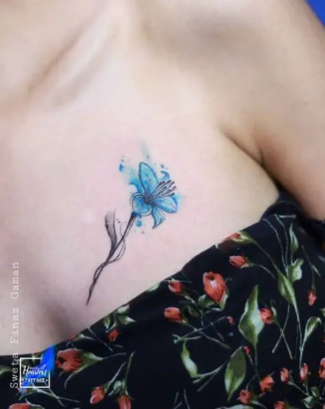 Blue Water Color Floral Breast Tattoo