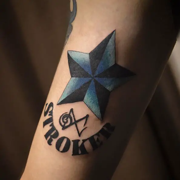 Blue and Black Nautical Star and Lettering Tattoo