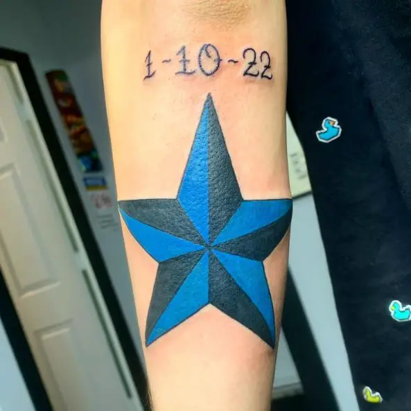 Blue and Black Nautical Star with Date Tattoo Piece