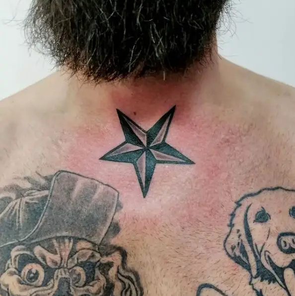 Bold Black Ink Nautical Star Chest Tattoo