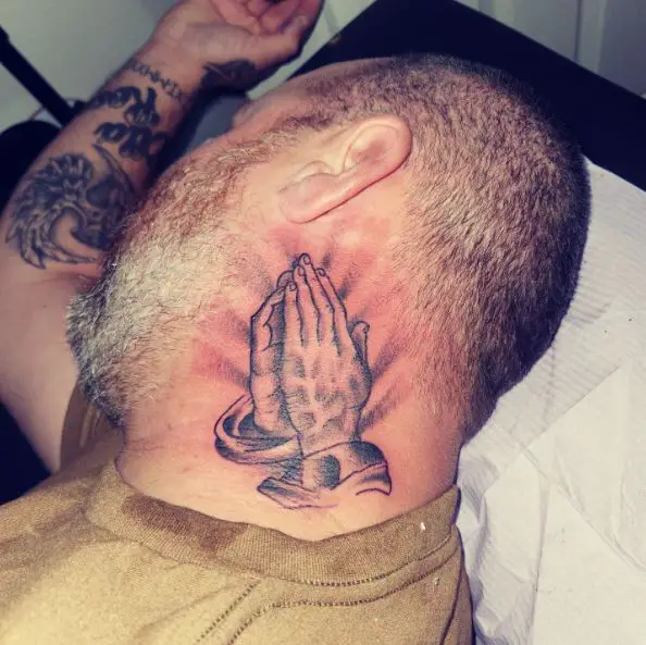 Bold Line Praying Hands with Halo Neck Tattoo