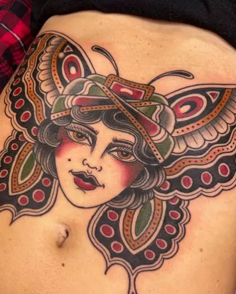 Butterfly Woman Stomach Tattoo Piece
