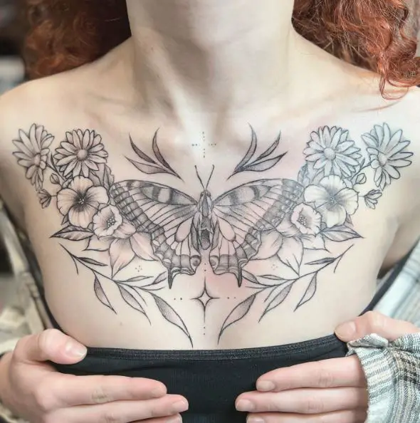 Butterfly and Flowers Chest Tattoo Piece