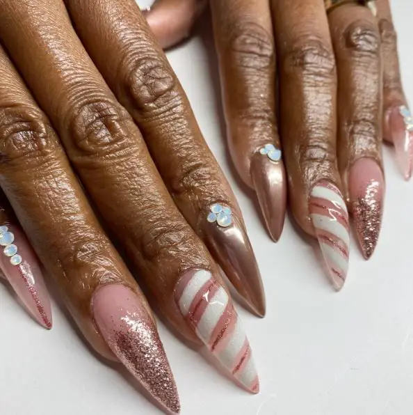 Candy Nails, Snowflakes Nails and Rose Gold Glitter