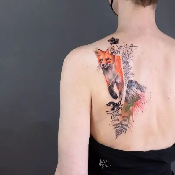 Colored Fox Tattoo and Black Ink Fern Tattoo