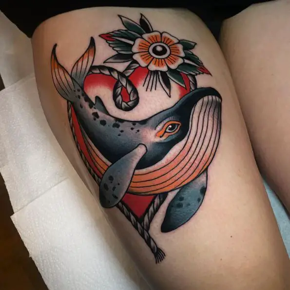 Colorful Whale and Flower Thigh Tattoo