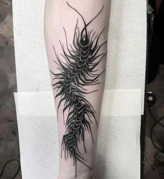 Creepy Furry Centipede Forearm Tattoo