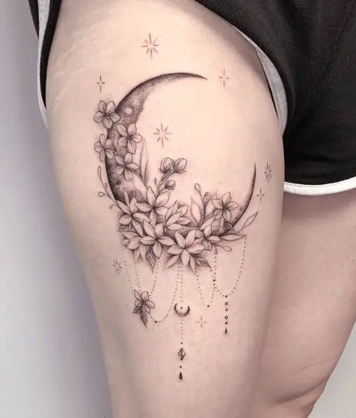 Crescent Moon with Forget-Me-Not and Jasmine Flowers Thigh Tattoo