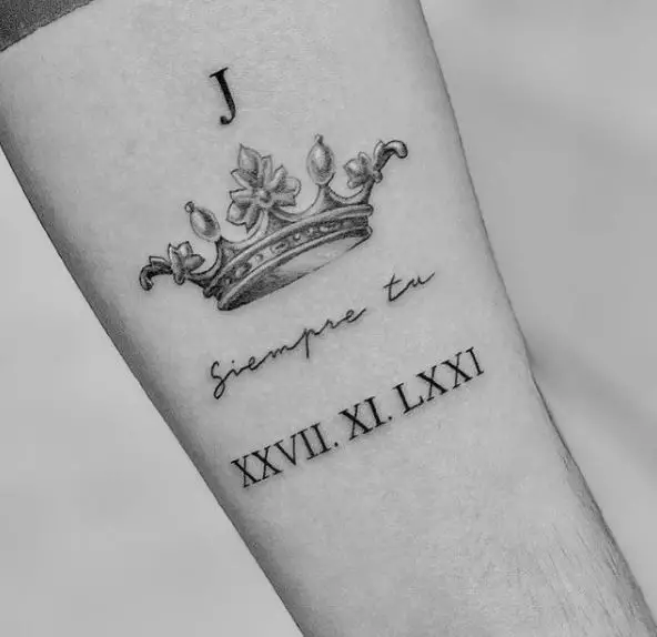 Crown Tattoo with Roman Number Dates Tattoo