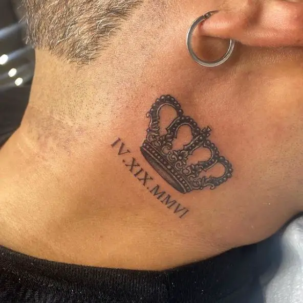 Crown and Roman Number Neck Tattoo