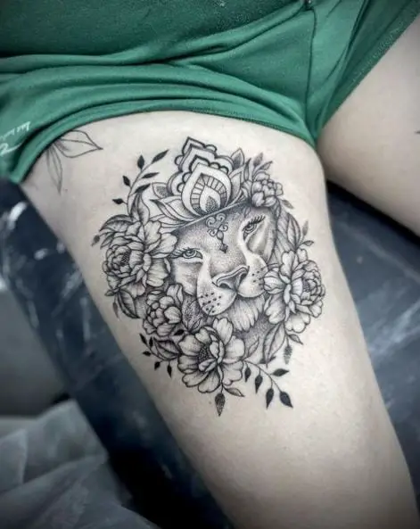 Crowned Lion Floral Thigh Tattoo Piece