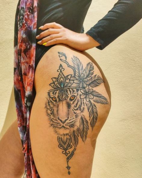 Crowned Tiger Face with Plants Thigh Tattoo