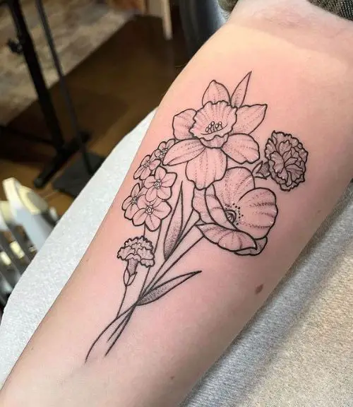 Daffodil, Poppy, Carnation and Forget Me Not Floral Tattoo