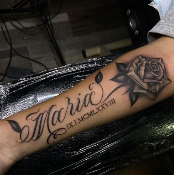 Dark Greyscale Rose and Roman Numerals with Script Tattoo