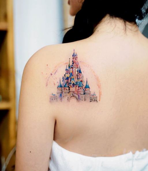 Disney Castle Colorful Shoulder Tattoo
