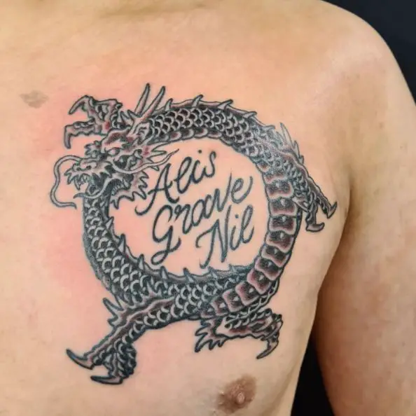 Dragon Ouroboros Lettering Tattoo on the Chest
