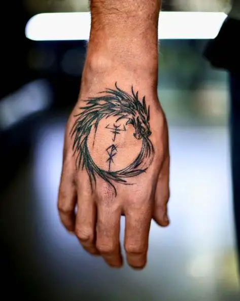 Dragon Ouroboros and Norse Symbol Hand Tattoo