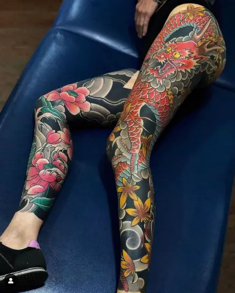 Dragon and Floral Leg Sleeves Tattoo