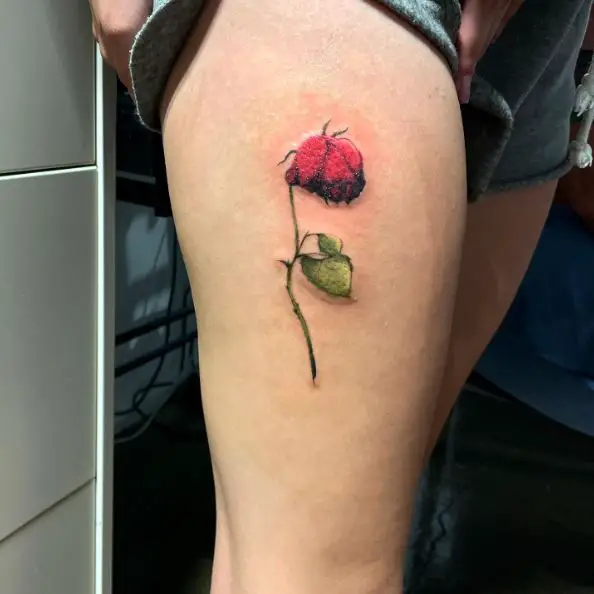 Dying Red Rose Thigh Tattoo