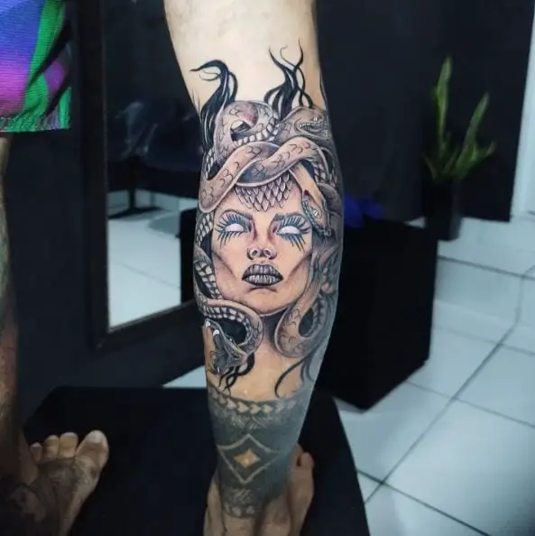 Evil Medusa Calf Tattoo Piece