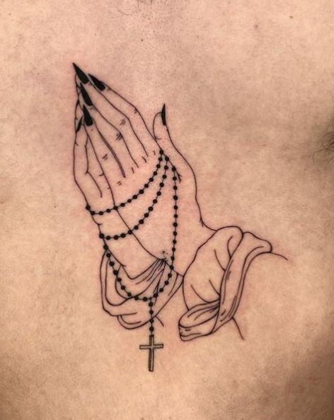 Female Praying Hands with Rosary Line Tattoo