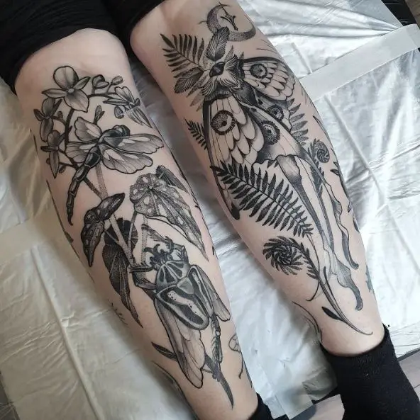Fern Leaves and Bug Tattoo on Legs