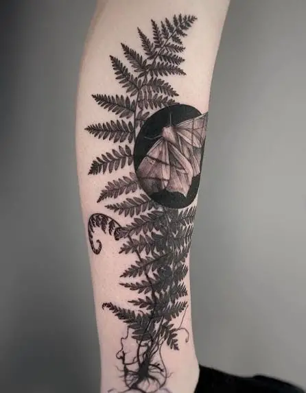 Fern Leaves and Butterfly Leg Tattoo