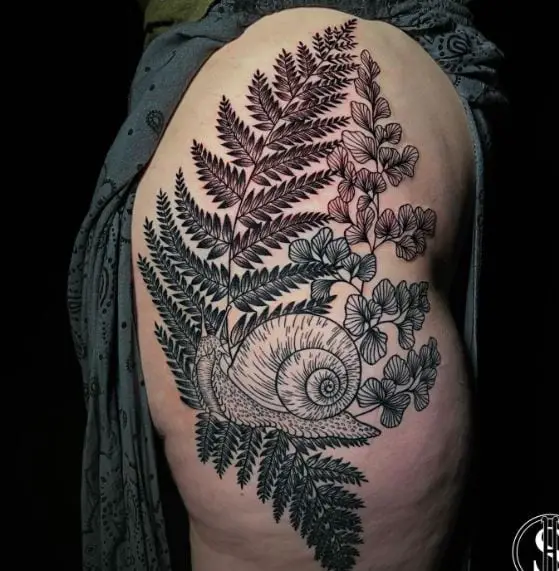 Fern Leaves and Snail Tattoo Piece