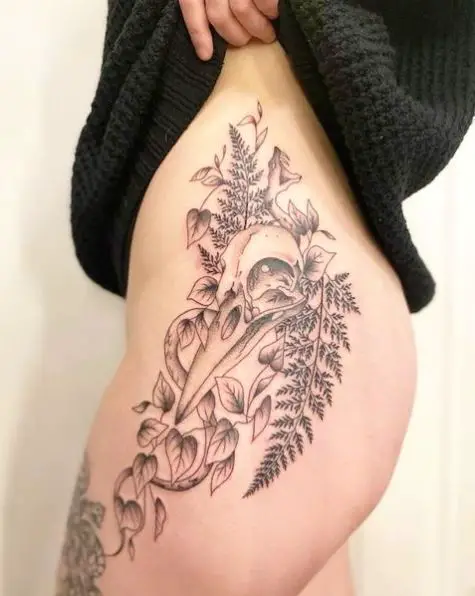Fern Leaves with Bird Skull Tattoo Piece
