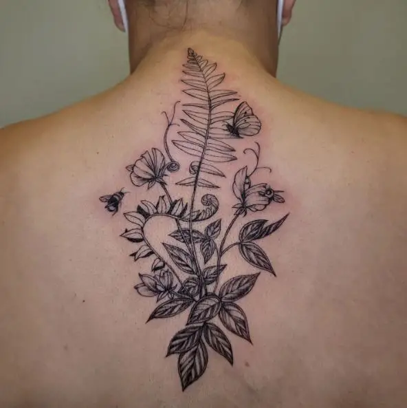 Fern Plant, Flowers with Butterflies and Bee Back Tattoo