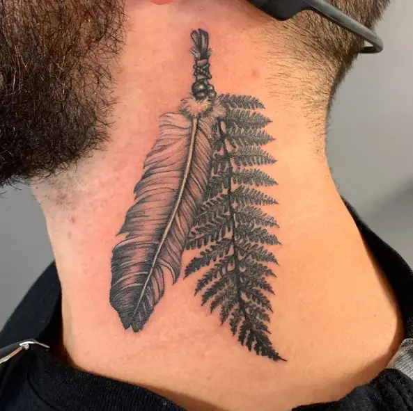 Fern and Feather Neck Tattoo Piece