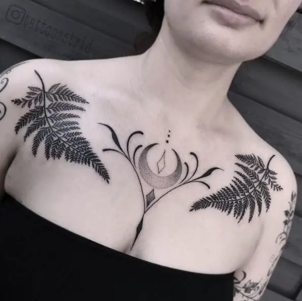 Fern and Floral Chest Tattoo