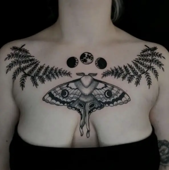 Fern and Moth Chest Tattoo Piece