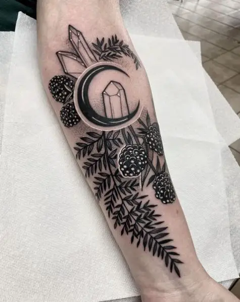 Fern with Moon and Berries Forearm Tattoo