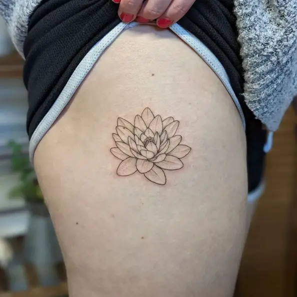 Fine Line Water Lily Thigh Tattoo