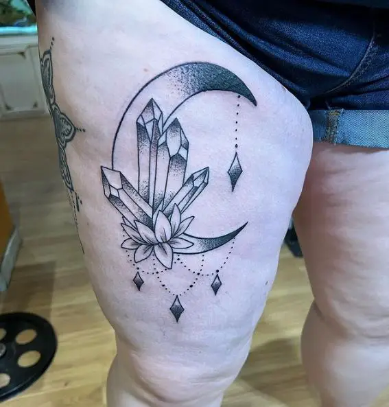 Floral Crystal Moon Thigh Tattoo