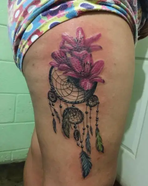 Floral Dream Catcher Thigh Tattoo