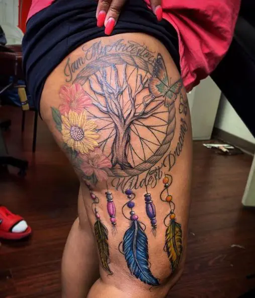 Floral Dream Catcher with a Tree Thigh Tattoo Piece