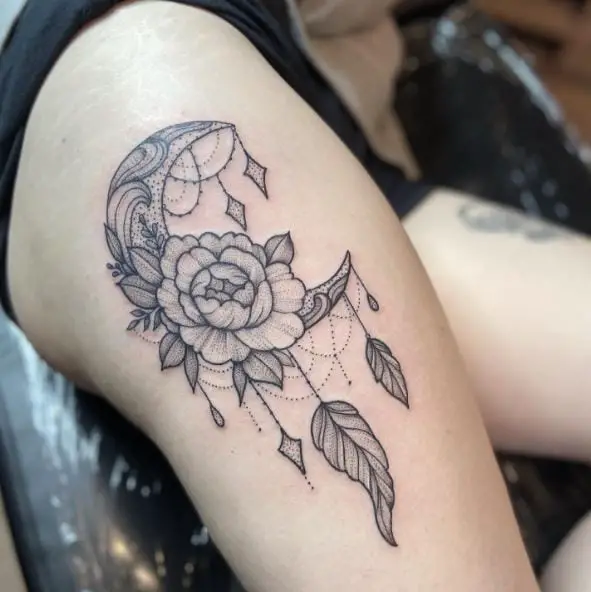 Floral Moon Thigh Tattoo Piece