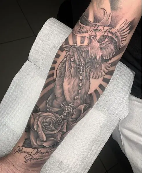 Floral Praying Hands with Cross and Dove Sleeve Tattoo