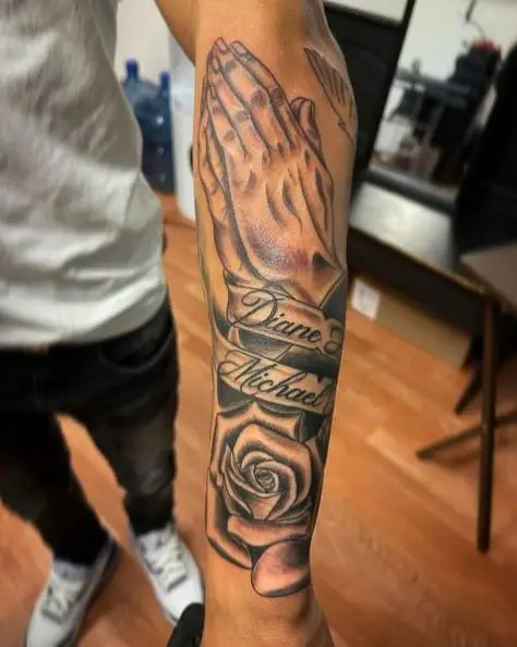 Floral Praying Hands with Names Sleeve Tattoo